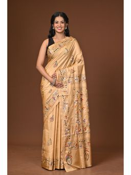 Ramshyam Collection - Beige Blended Silk Kantha Saree with Unstitched Blouse