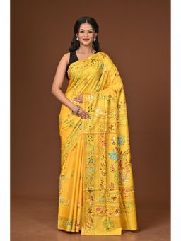 Ramshyam Collection - Yellow Blended Silk Kantha Saree with Unstitched Blouse