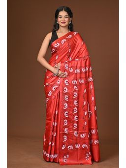 Ramshyam Collection - Red Blended Silk Kantha Saree with Unstitched Blouse