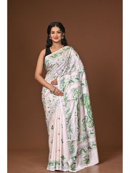 Ramshyam Collection - White Blended Silk Kantha Saree with Unstitched Blouse