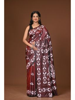 Ramshyam Collection - Maroon Blended Silk Kantha Saree with Unstitched Blouse