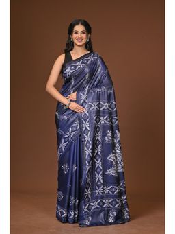 Ramshyam Collection - Navy Blue Blended Silk Kantha Saree with Unstitched Blouse