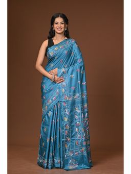 Ramshyam Collection - Blue Blended Silk Kantha Saree with Unstitched Blouse