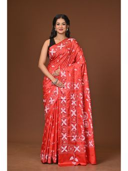 Ramshyam Collection - Red Blended Silk Kantha Saree with Unstitched Blouse