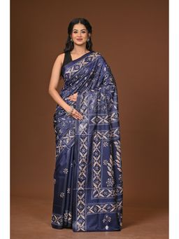 Ramshyam Collection - Navy Blue Blended Silk Kantha Saree with Unstitched Blouse
