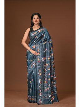 Ramshyam Collection - Teal Blended Silk Kantha Saree with Unstitched Blouse