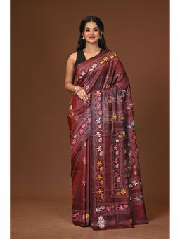 Ramshyam Collection - Maroon Blended Silk Kantha Saree with Unstitched Blouse
