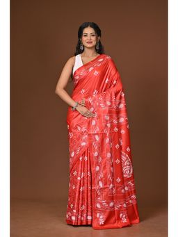 Ramshyam Collection - Red Blended Silk Kantha Saree with Unstitched Blouse