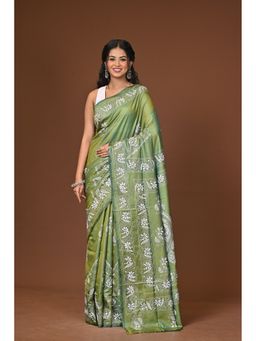Ramshyam Collection - Green Blended Silk Kantha Saree with Unstitched Blouse