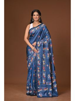 Ramshyam Collection - Navy Blue Blended Silk Kantha Saree with Unstitched Blouse