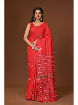 Ramshyam Collection - Red Khesh Kantha Saree with Unstitched Blouse