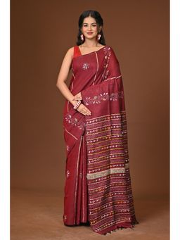 Ramshyam Collection - Maroon Khesh Kantha Saree with Unstitched Blouse