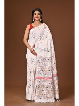 Ramshyam Collection - White Khesh Kantha Saree with Unstitched Blouse