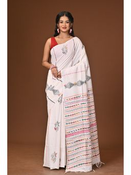 Ramshyam Collection - White Khesh Kantha Saree with Unstitched Blouse