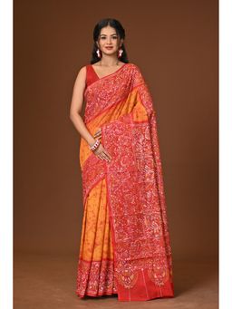 Ramshyam Collection - Red Hand Batik Cotton Saree with Unstitched Blouse