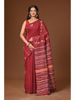 Ramshyam Collection - Maroon Khesh Kantha Saree with Unstitched Blouse