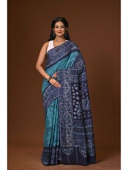 Ramshyam Collection - Blue Hand Batik Cotton Saree with Unstitched Blouse