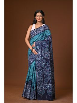 Ramshyam Collection - Blue Hand Batik Cotton Saree with Unstitched Blouse