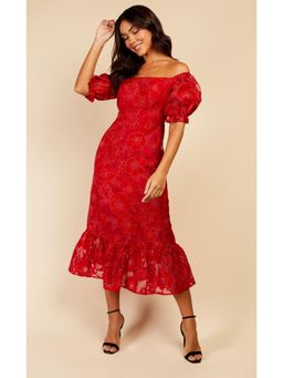 Little Mistress - Red Floral Organza Bardot Midi Dress