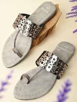ROCIA - Gun Metal Women Laser Cut Kolhapuri Flats