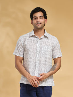 Fabindia - White Cotton Hand Block Printed Bush Shirt