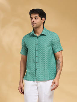 Fabindia - Green Cotton Dobby Bush Shirt