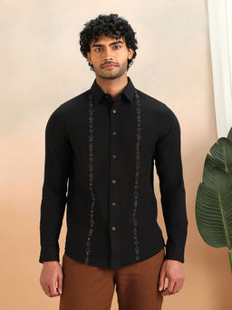 Fabindia - Black Cotton Embroidered Slim Fit Shirt