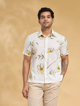Fabindia - White Cotton Hand Painted Floral Bush Shirt