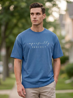 Nobero - Men's Blue Oversized Solid T-Shirt