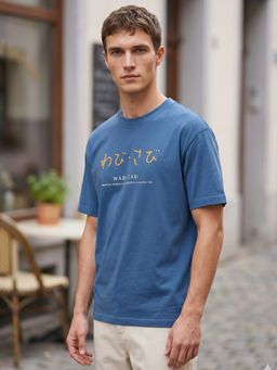 Nobero - Men's Blue Oversized Solid T-Shirt