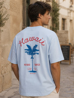 Nobero - Men's Blue Oversized Graphic T-Shirt