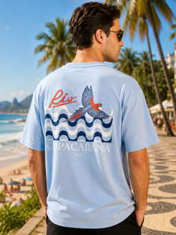 Nobero - Men's Blue Oversized Graphic T-Shirt