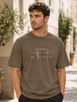 Nobero - Men's Brown Oversized Typography T-Shirt