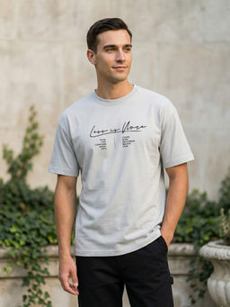 Nobero - Men's Grey Oversized Typography T-Shirt