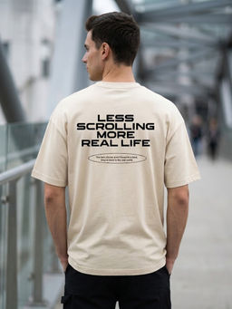Nobero - Men's Beige Oversized Typography T-Shirt