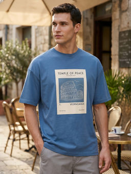 Nobero - Men's Blue Oversized Printed T-Shirt