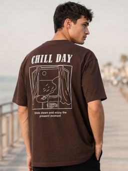 Nobero - Men's Brown Oversized Graphic T-Shirt