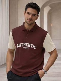 PRONK - Men's Brown Premium Colorblock Relaxed Fit Polo T-Shirt