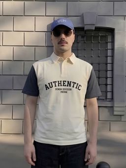 PRONK - Men's Off White Premium Colorblock Relaxed Fit Polo T-Shirt