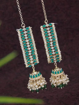 I Jewels - Gold Plated Green Kundan Pearl Jhumki with Attached Ear Chain