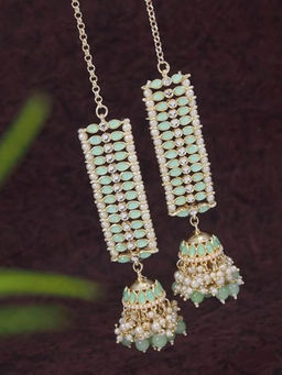 I Jewels - Gold Plated Mint Green Kundan Pearl Jhumki with Attached Ear Chain