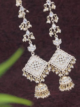I Jewels - Gold Plated Kundan Studded Pearl Jhumki Earrings with Ear Chain