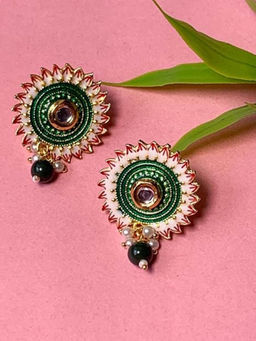 I Jewels - Gold Plated Green Meenakari Kundan Pearl Drop Earrings