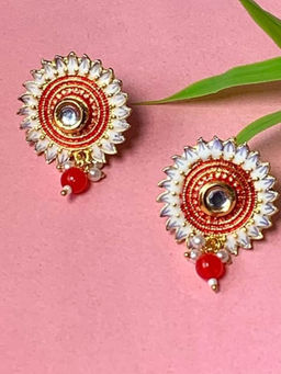 I Jewels - Gold Plated Red Meenakari Kundan Pearl Drop Earrings