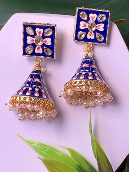 I Jewels - Gold Plated Blue Meenakari Kundan Studded Pearl Jhumki Earrings