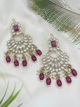 I Jewels - Gold Plated Wine Kundan Pearl Chandbali Earrings