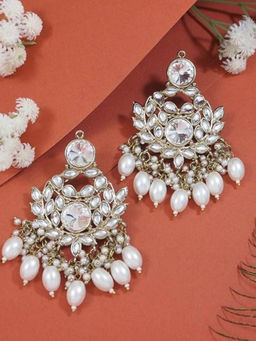 I Jewels - Gold Plated Traditional White Kundan Pearl Chandbali Earrings