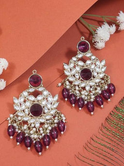 I Jewels - Gold Plated Traditional Wine Kundan Pearl Chandbali Earrings