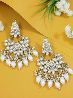 I Jewels - Traditional Gold Plated White Kundan Pearl Chandbali Earrings