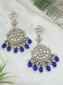 I Jewels - Gold Plated Traditional Blue Kundan Pearl Chandbali Earrings